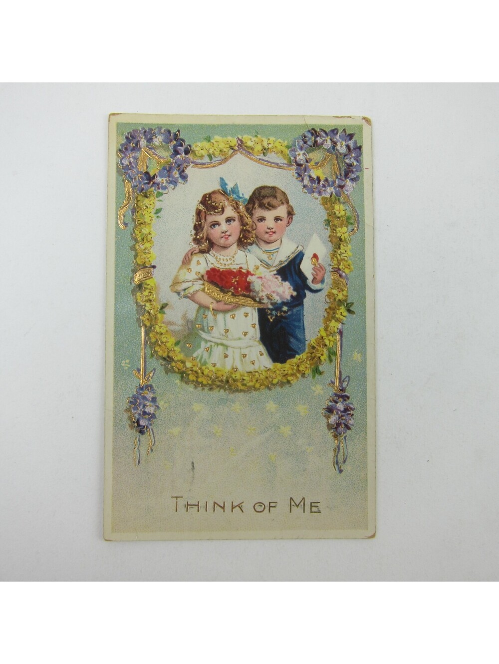Postcard Children Boy Blue Sailor Suit Girl Flowers Gold Embossed Antique 1913
